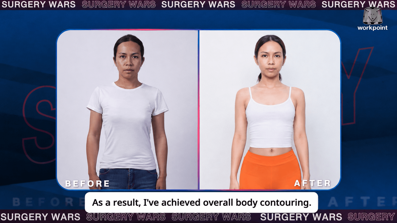 Full body before and after comparison of the SURGERY WARS contestant