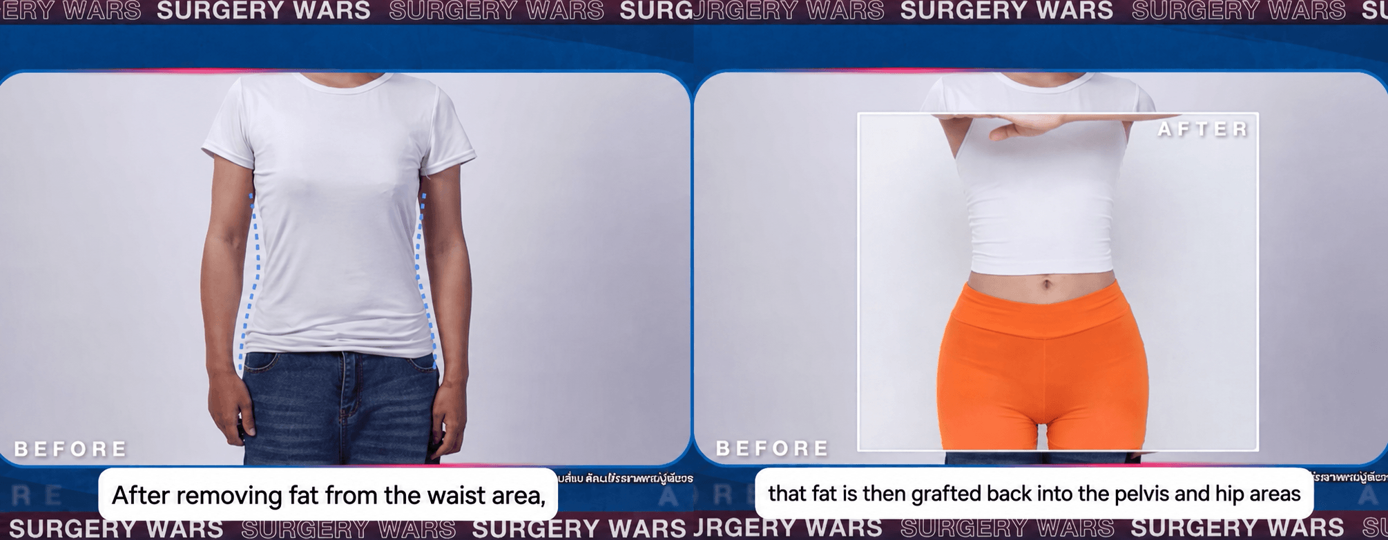 Before and after comparison showing waist fat transferred to the pelvis and hips