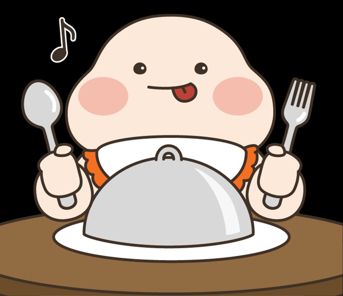 Cartoon mascot eagerly waiting for a meal with fork and spoon