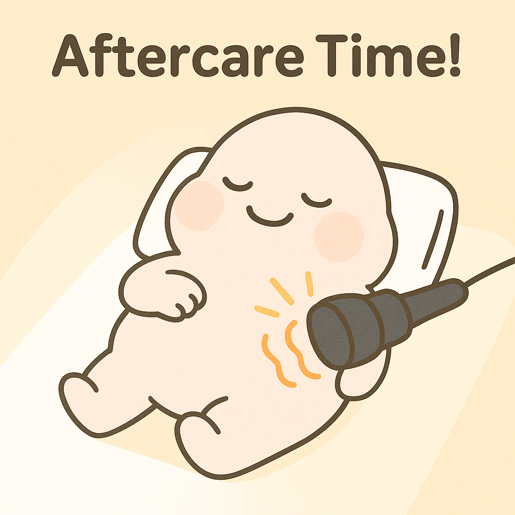 Cute illustration of a 365mc character receiving ultrasound liposuction after...