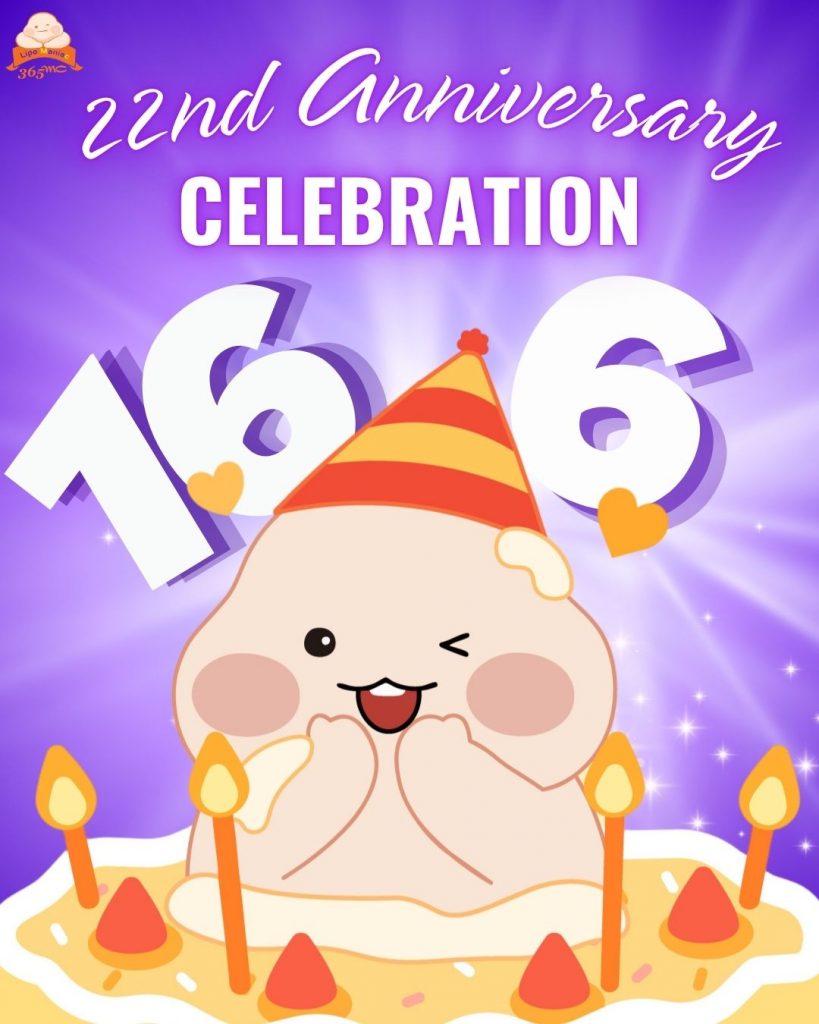 365mc 22nd Anniversary Celebration mascot with cake