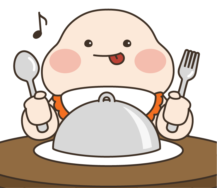 Cartoon mascot eagerly waiting for a meal with fork and spoon