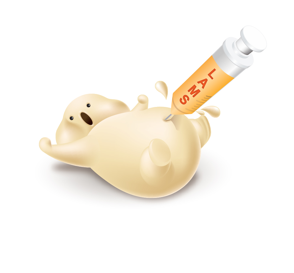 Cartoon syringe injecting LAMS into fat mascot