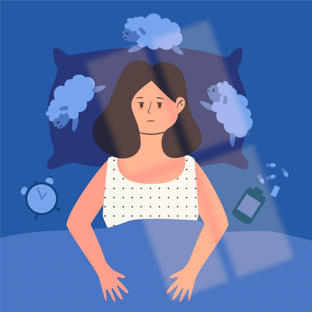 Illustration of a woman struggling with insomnia and poor sleep, affecting weight and metabolism.