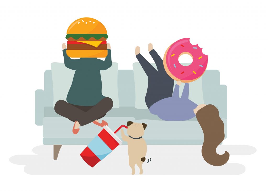 Cartoon illustration of unhealthy eating habits such as fast food, donuts, and soda affecting weight gain.